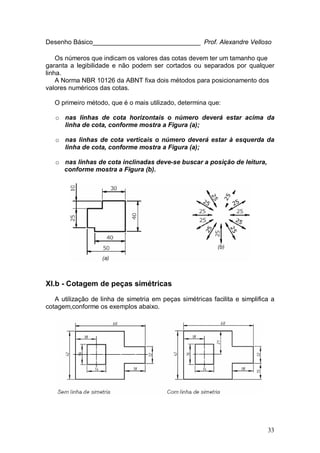 33
Desenho Básico______________________________ Prof. Alexandre Velloso
Os números que indicam os valores das cotas devem ter um tamanho que
garanta a legibilidade e não podem ser cortados ou separados por qualquer
linha.
A Norma NBR 10126 da ABNT fixa dois métodos para posicionamento dos
valores numéricos das cotas.
O primeiro método, que é o mais utilizado, determina que:
o nas linhas de cota horizontais o número deverá estar acima da
linha de cota, conforme mostra a Figura (a);
o nas linhas de cota verticais o número deverá estar à esquerda da
linha de cota, conforme mostra a Figura (a);
o nas linhas de cota inclinadas deve-se buscar a posição de leitura,
conforme mostra a Figura (b).
XI.b - Cotagem de peças simétricas
A utilização de linha de simetria em peças simétricas facilita e simplifica a
cotagem,conforme os exemplos abaixo.
 
