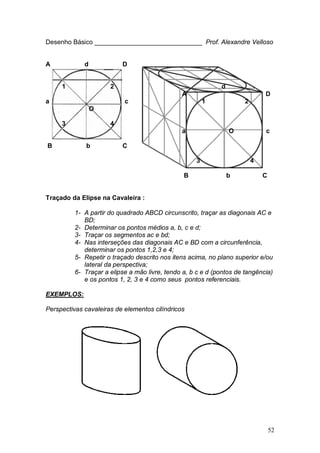 52
Desenho Básico ______________________________ Prof. Alexandre Velloso
A d D
1 2 d
A D
a c 1 2
O
3 4
a O c
B b C
3 4
B b C
Traçado da Elipse na Cavaleira :
1- A partir do quadrado ABCD circunscrito, traçar as diagonais AC e
BD;
2- Determinar os pontos médios a, b, c e d;
3- Traçar os segmentos ac e bd;
4- Nas interseções das diagonais AC e BD com a circunferência,
determinar os pontos 1,2,3 e 4;
5- Repetir o traçado descrito nos itens acima, no plano superior e/ou
lateral da perspectiva;
6- Traçar a elipse a mão livre, tendo a, b c e d (pontos de tangência)
e os pontos 1, 2, 3 e 4 como seus pontos referenciais.
EXEMPLOS:
Perspectivas cavaleiras de elementos cilíndricos
 