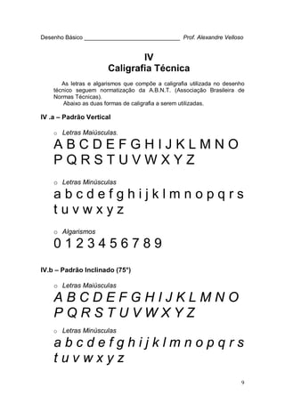 9
Desenho Básico ______________________________ Prof. Alexandre Velloso
IV
Caligrafia Técnica
As letras e algarismos que compõe a caligrafia utilizada no desenho
técnico seguem normatização da A.B.N.T. (Associação Brasileira de
Normas Técnicas).
Abaixo as duas formas de caligrafia a serem utilizadas.
IV .a – Padrão Vertical
o Letras Maiúsculas.
A B C D E F G H I J K L M N O
P Q R S T U V W X Y Z
o Letras Minúsculas
a b c d e f g h i j k l m n o p q r s
t u v w x y z
o Algarismos
0 1 2 3 4 5 6 7 8 9
IV.b – Padrão Inclinado (75°)
o Letras Maiúsculas
A B C D E F G H I J K L M N O
P Q R S T U V W X Y Z
o Letras Minúsculas
a b c d e f g h i j k l m n o p q r s
t u v w x y z
 