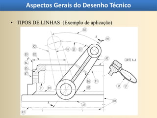 Aspectos Gerais do Desenho Técnico

• TIPOS DE LINHAS (Exemplo de aplicação)
 