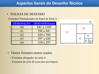 Aspectos Gerais do Desenho Técnico

• FOLHAS DE DESENHO
Formatos Normalizados de Papel da Série A
    DESIGNAÇÃO        DIMENSÕES(mm)
          A0             841 x 1189
          A1             594 x 841
          A2             420 x 594
          A3             297 x 420
          A4             210 x 297


• Outros formatos menos usados
  - Formatos alongados da série A.
  - Formatos da série B (caso dos envelopes).
 