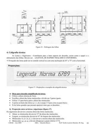 UDESC – Ano 2009 DBA – Desenho Básico Profª: Kelly Loureiro Dencker, M. Eng. 10
Figura 16 – Dobragem das folhas
4. Caligrafia técnica
As Letras e Algarismos - Contribuem para o bom aspecto do desenho, assim como o papel e o
dobramento das folhas. Devem ser: LEGÍVEIS, DE RÁPIDO TRAÇADO E UNIFORMES.
O traçado das letras pode ser no sentido vertical ou com uma inclinação de 65° a 75° com a horizontal.
Figura 17 - Proporções e exemplos da caligrafia técnica
a) Dicas para desenho simplificado de letras:
• Utilize a altura mínima de 3mm.
• Escolha a altura das letras maiúsculas e divida em 3 partes iguais.
• Utilize 1/3 para baixo para a altura das minúsculas.
• A perna ou haste das letras (j, l, t, etc.) ocupa 1/3 para cima ou para baixo.
• Evite letras grandes que possam aparecer mais que os desenhos.
b) Proporção entre as letras e algarismos (figura 17)
Os algarismos devem ter a mesma altura das letras maiúsculas.
• Altura: as minúsculas devem ter 5/7 da altura das maiúsculas.
• Largura: as minúsculas devem ter 4/7 da largura das maiúsculas.
• Minúsculas: b, d, f, h, k, l, t devem ter a mesma altura das maiúsculas.
• Minúsculas: g, j, p, q, y devem ultrapassar a pauta inferior 2/7 h.
 