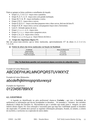 UDESC – Ano 2009 DBA – Desenho Básico Profª: Kelly Loureiro Dencker, M. Eng. 11
Pode-se agrupar as letras conforme a semelhantes do traçado.
• Grupo I, L, T, H, F, E - traços retos e paralelos.
• Grupo N, Z, V, A, X - traços retos com grande inclinação.
• Grupo M, Y, K, W - traços inclinados e curtos.
• Grupo J, D, U - traços retos e curvos.
• Grupo O, Q, G, C - traços com duas pequenas retas e duas curvas, derivam da letra O.
• Grupo P, R, B - traços retos e curvas com pequenos traços retos e horizontais.
• Letra S - formado apenas de arcos.
• Grupo i, l, x, z, v, w, k - traços retos.
• Grupo f, j, t, y, r - traços retos e pequenos arcos.
• Grupo n, m, u, h - traços retos e arcos.
• Grupo o, a, e, c, b, d, g, p, q - traços básicos da letra o.
c) Grupo dos Algarismos (figura 17)
São um pouco mais estreitos que as letras maiúsculas, aproximadamente 4/7 da altura (1, 2, 3, 4, 5, 6,
7, 8, 9, 0)
d) Tabela da altura das letras maiúsculas em função da finalidade
Finalidade Altura da Maiúscula
Observações 3 a 5 mm
Títulos normais 7 a 10 mm
Títulos de projetos 16 a 20 mm
Exemplo de Letras Maiúsculas:
ABCDEFHIJKLMNOPQRSTUVWXYZ
Exemplo de Letras Minúsculas:
abcdefhijklmnopqrstuvwxyz
Exemplos de Algarismos:
0123456789IVX
4.1. LEGENDAS
A legenda ou identificação na gíria profissional chama-se Carimbo , que tem a finalidade de
uniformizar as informações que devem acompanhar os desenhos . Os tamanhos e formatos dos carimbos
obedecem à tabela dos formatos A . Recomenda-se que o carimbo seja usado junto à margem, no canto
inferior direito (figura 18). Esta colocação é necessária para que haja boa visibilidade quando os desenhos
são arquivados. O carimbo deve possuir as seguintes informações principais, ficando, no entanto, a critério
do escritório, o acréscimo ou a supressão de outros dados:
Obs: No final desta apostila você encontrará alguns exercícios de caligrafia técnica.
 