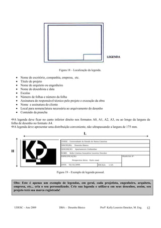 UDESC – Ano 2009 DBA – Desenho Básico Profª: Kelly Loureiro Dencker, M. Eng. 12
Figura 18 – Localização da legenda.
• Nome do escritório, companhia, empresa, etc.
• Título do projeto
• Nome do arquiteto ou engenheiro
• Nome do desenhista e data
• Escalas
• Número de folhas e número da folha
• Assinatura do responsável técnico pelo projeto e execução da obra
• Nome e assinatura do cliente
• Local para nomenclatura necessária ao arquivamento do desenho
• Conteúdo da prancha
A legenda deve ficar no canto inferior direito nos formatos A0, A1, A2, A3, ou ao longo da largura da
folha de desenho no formato A4.
A legenda deve apresentar uma distribuição conveniente, não ultrapassando a largura de 175 mm.
ESPECIFICAÇÃO: PRANCHA Nº:
Perspectiva Aérea - Suíte casal
ESCALA: 1/25
NOME: Kelly Cristina Gonçalves Loureiro Dencker
DATA: 02/32/2006
UDESC - Universidade do Estado de Santa Catarina
DESCRIÇÃO: Apartamento Unifamiliar
DISCIPLINA: Desenho Básico
ARQ&DESIGN
Figura 19 – Exemplo de legenda pessoal.
L
H
Obs: Este é apenas um exemplo de legendas, em geral, cada projetista, engenheiro, arquiteto,
empresa, etc... cria o seu personalizado. Crie sua legenda e utilize-a em seus desenhos, assim, seu
projeto terá sua marca registrada!
 