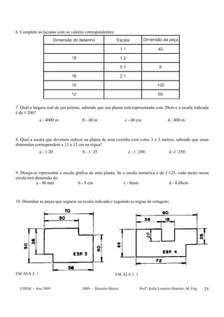 UDESC – Ano 2009 DBA – Desenho Básico Profª: Kelly Loureiro Dencker, M. Eng. 25
6. Complete as lacunas com os valores correspondentes:
7. Qual a largura real de um terreno, sabendo que sua planta está representada com 20cm e a escala indicada
é de 1:200?
a - 4000 m b - 40 m c - 40 cm d - 400 m
8. Qual a escala que devemos indicar na planta de uma cozinha com cotas 3 x 3 metros, sabendo que essas
dimensões correspondem a 12 x 12 cm na régua?
a - 1:20 b - 1 :25 c - 1 :200 d -1 :250
9. Deseja-se representar a escala gráfica de uma planta. Se a escala numérica é de 1:125, cada metro nessa
escala terá dimensão de:
a - 80 mm b - 8 cm c - 8mm d - 0,08cm
10. Desenhar as peças que seguem na escala indicada e seguindo as regras de cotagem:
ESCALA 2: 1 ESCALA 1: 1
 