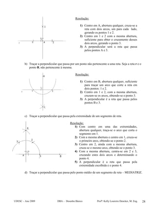 UDESC – Ano 2009 DBA – Desenho Básico Profª: Kelly Loureiro Dencker, M. Eng. 28
Resolução:
1) Centro em A, abertura qualquer, cruza-se a
reta com dois arcos, um para cada lado,
gerando os pontos 1 e 2.
2) Centro em 1 e 2 com a mesma abertura,
suficiente para obter o cruzamento desses
dois arcos, gerando o ponto 3.
3) A perpendicular será a reta que passa
pelos pontos A e 3.
b) Traçar a perpendicular que passa por um ponto não pertencente a uma reta. Seja a reta r e o
ponto B, não pertencente à mesma.
Resolução:
1) Centro em B, abertura qualquer, suficiente
para traçar um arco que corte a reta em
dois pontos: 1 e 2.
2) Centro em 1 e 2, com a mesma abertura,
cruzam-se os arcos, obtendo-se o ponto 3.
3) A perpendicular é a reta que passa pelos
pontos B e 3.
c) Traçar a perpendicular que passa pela extremidade de um segmento de reta.
Resolução:
1) Com centro em uma das extremidades,
abertura qualquer, traça-se o arco que corta o
segmento em 1.
2) Com a mesma abertura e centro em 1, cruza-se
o primeiro arco, obtendo-se o ponto 2.
3) Centro em 2, ainda com a mesma abertura,
cruza-se o mesmo arco, obtendo-se o ponto 3.
4) Com a mesma abertura, centra-se em 2 e 3,
cruzando estes dois arcos e determinando o
ponto 4.
5) A perpendicular é a reta que passa pela
extremidade escolhida e o ponto 4.
d) Traçar a perpendicular que passa pelo ponto médio de um segmento de reta – MEDIATRIZ.
 