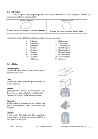 UDESC – Ano 2009 DBA – Desenho Básico Profª: Kelly Loureiro Dencker, M. Eng. 33
8.4. Polígonos
Todas as figuras formadas por segmentos consecutivos, denominados linhas poligonais, fechadas (que
a origem coincide com a extremidade).
Polígono Irregular
É aquele que possui os lados e os ângulos desiguais
Polígono Regular
É aquele que possui os lados e ângulos iguais
Conforme o número de lados, os polígonos recebem nomes especiais:
3 Triângulo 12 Dodecágono
4 Quadrilátero 13 Tridecágono
5 Pentágono 14 Tetradecágono
6 Hexágono 15 Pentadecágono
7 Heptágono 16 Hexadecágono
8 Octógono 17 Heptadecágono
9 Eneágono 18 Octodecágono
10 Decágono 19 Eneadecágono
11 Undecágono 20 Icoságono
8.5. Sólidos
Paralelepípedo
Poliedro em forma de caixa, tem 6 faces, iguais e
paralelas duas a duas.
Cubo
Poliedro de 6 lados formados por quadrados de
mesma dimensão.
Prisma
Sólido (poliedro) limitado por faces planas, com
dois polígonos iguais, afastados paralelamente.
(prisma reto, prisma regular, prisma oblíquo)
Pirâmide
Sólido (poliedro) limitado por faces planas, sua
base é um polígono e suas faces laterais são
triângulos.
Cilindro
É um sólido delimitado por duas superfícies
planas (bases), situadas em planos paralelos, e
uma superfície não plana.
 