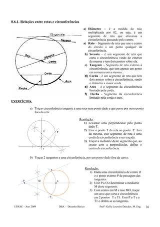 UDESC – Ano 2009 DBA – Desenho Básico Profª: Kelly Loureiro Dencker, M. Eng. 36
8.6.1. Relações entre retas e circunferências
a) Diâmetro – é a medida do raio
multiplicada por 02, ou seja, é um
segmento de reta que atravessa a
circunferência passando pelo centro.
a) Raio – Segmento de reta que une o centro
do círculo a um ponto qualquer da
circunferência.
b) Secante – é um segmento de reta que
corta a circunferência vindo do exterior
da mesma e tem dois pontos sobre ela.
c) Tangente – Segmento de reta externo à
circunferência, que tem apenas um ponto
em comum com a mesma.
d) Corda – é um segmento de reta que tem
dois pontos sobre a circunferência, sendo
o diâmetro a maior corda
e) Arco – é o segmento da circunferência
limitado pela corda.
f) Flecha - Segmento da circunferência
limitado pela corda e arco.
EXERCÍCIOS:
a) Traçar circunferência tangente a uma reta num ponto dado e que passe por outro ponto
fora da reta:
Resolução:
1) Levantar uma perpendicular pelo ponto
dado T.
2) Unir o ponto T da reta ao ponto P fora
da mesma, este segmento de reta é uma
corda da circunferência a ser traçada.
3) Traçar a mediatriz deste segmento que, ao
cruzar com a perpendicular, define o
centro da circunferência.
b) Traçar 2 tangentes a uma circunferência, por um ponto dado fora da curva:
Resolução:
1) Dada uma circunferência de centro O
e o ponto externo P de passagem das
tangentes.
2) Unir P a O e determinar a mediatriz
M deste segmento.
3) Com centro em M e raio MO, traçar
um arco que corta a circunferência
em 2 pontos T e T1. Unir P a T e a
T1 e obtêm-se as tangentes.
 