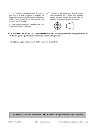 UDESC – Ano 2009 DBA – Desenho Básico Profª: Kelly Loureiro Dencker, M. Eng. 48
No 3º diedro o plano de projeção fica entre o
observador e a peça ou objeto ou modelo. Na
figura abaixo podemos verificar esta configuração,
também com a inclusão de um plano auxiliar para
obtermos uma 3ª projeção.
Este sistema de projeção é adotado pela ASA
– American Standart Association.
O símbolo ao lado indica que o desenho técnico
está representado no 3º diedro. Este símbolo
aparece no canto inferior direito da folha de
papel dos desenhos técnicos ou na legenda.
CUIDADO PARA NÃO CONFUNDIR O SIMBOLOS! Procure gravar bem, principalmente o do
1º diedro, que é o que você verá e utilizará com mais freqüências.
Exemplo de representação no 3º diedro - desenho a mão livre:
No Brasil, a ”Norma Brasileira” NB- 8, admite a representação nos 2 diedros
 