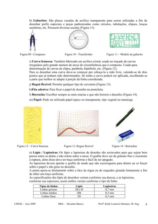 UDESC – Ano 2009 DBA – Desenho Básico Profª: Kelly Loureiro Dencker, M. Eng. 6
h) Gabaritos: São placas vazadas de acrílico transparente para serem utilizadas a fim de
desenhar perfis especiais e peças padronizadas como círculos, tubulações, elipses, louças
sanitárias, etc. Possuem diversas escalas (Figura 11).
Figura 09 - Compasso Figura 10 - Transferidor Figura 11 – Modelo de gabarito
i) Curva francesa: Também fabricado em acrílico cristal, usado no traçado de curvas
irregulares pelo grande número de arcos de circunferência que é composto. Usado para
determinação de curvas de elipse, parábola, hipérbole, etc. (Figura 12).
Para se desenhar uma curva deve-se começar por esboça-la a mão livre, valendo-se de dois
pontos que já tenham sido determinados. Só então a curva poderá ser aplicada, escolhendo-se
a parte que melhor se adapte à porção da linha considerada.
j) Reguá flexível: Permite qualquer tipo de curvatura (Figura 13).
k)Fita adesiva: Para fixar o papel de desenho na prancheta.
l) Borracha: Escolher sempre as mais macias e que não borrem o desenho (Figura 14).
m) Papel: Pode ser utilizado papel opaco ou transparente, tipo vegetal ou manteiga.
Figura 12 – Curva francesa Figura 13- Regua flexível Figura 14 - Borrachas
n) Lápis / Lapiseiras: Os lápis e lapiseiras de desenho são sextavados para que sejam bem
presos entre os dedos e não rolem sobre a mesa. O grafite deve ser de grânulo fino e resistente
à ruptura, além disso deve ter traço uniforme e fácil de ser apagado.
As lapiseiras devem apertar o grafite de modo que não escorreguem para dentro ao se forçar
sobre o papel e não girar no desenho.
A ponta apoia-se diretamente sobre a face da régua ou do esquadro girando lentamente a fim
de obter um traço uniforme.
As especificações dos lápis de desenhos variam conforme sua dureza, e as lapiseiras,
conforme sua espessura, assim ambos variam conforme o tipo de linha:
Tipos de linhas Lápis Lapiseiras
Linhas grossas 2B e B 0,7 mm
Linhas médias HB 0,5 mm
Linhas finas 2H 0,3 mm
 