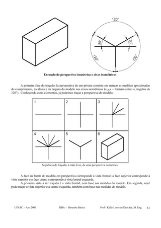 UDESC – Ano 2009 DBA – Desenho Básico Profª: Kelly Loureiro Dencker, M. Eng. 61
Exemplo de perspectiva isométrica e eixos isométricos
A primeira fase do traçado da perspectiva de um prisma consiste em marcar as medidas aproximadas
do comprimento, da altura e da largura do modelo nos eixos isométricos (x,y,z – formam entre si, ângulos de
120°). Conhecendo estes elementos, já podemos traçar a perspectiva do modelo.
Sequência do traçado, à mão livre, de uma perspectiva isométrica.
A face da frente do modelo em perspectiva corresponde à vista frontal; a face superior corresponde à
vista superior e a face lateral corresponde à vista lateral esquerda.
A primeira vista a ser traçada é a vista frontal, com base nas medidas do modelo. Em seguida, você
pode traçar a vista superior e a lateral esquerda, também com base nas medidas do modelo.
 