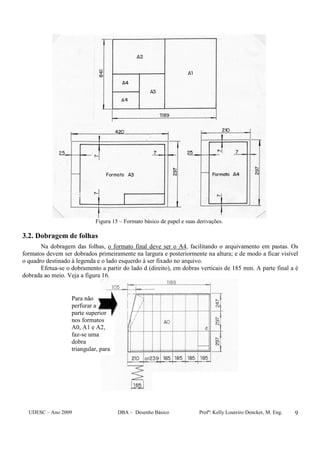 UDESC – Ano 2009 DBA – Desenho Básico Profª: Kelly Loureiro Dencker, M. Eng. 9
Figura 15 – Formato básico de papel e suas derivações.
3.2. Dobragem de folhas
Na dobragem das folhas, o formato final deve ser o A4, facilitando o arquivamento em pastas. Os
formatos devem ser dobrados primeiramente na largura e posteriormente na altura; e de modo a ficar visível
o quadro destinado à legenda e o lado esquerdo à ser fixado no arquivo.
Efetua-se o dobramento a partir do lado d (direito), em dobras verticais de 185 mm. A parte final a é
dobrada ao meio. Veja a figura 16.
Para não
perfurar a
parte superior
nos formatos
A0, A1 e A2,
faz-se uma
dobra
triangular, para
dentro a partir
 