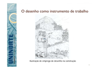 O desenho como instrumento de trabalho
Ilustração de emprego de desenho na construção
13
 