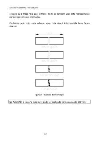 Apostila de Desenho Técnico Básico
32
estreito ou o traço “zig-zag” estreito. Pode-se também usar esta representação
para peças cônicas e inclinadas.
Conforme será visto mais adiante, uma cota não é interrompida (veja figura
abaixo).
Figura 31 - Exemplo de interrupções
No AutoCAD, o traço “a mão livre” pode ser realizado com o comando SKETCH.
 