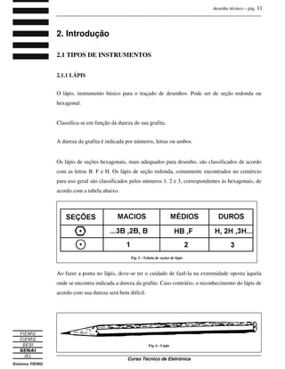 desenho técnico – pág. 11
_______________________________________________________________________________
_______________________________________________________________________________
Curso Técnico de Eletrônica
2. Introdução
2.1 TIPOS DE INSTRUMENTOS
2.1.1 LÁPIS
O lápis, instrumento básico para o traçado de desenhos. Pode ser de seção redonda ou
hexagonal.
Classifica-se em função da dureza de sua grafita.
A dureza da grafita é indicada por números, letras ou ambos.
Os lápis de seções hexagonais, mais adequados para desenho, são classificados de acordo
com as letras B. F e H. Os lápis de seção redonda, comumente encontrados no comércio
para uso geral são classificados pelos números 1. 2 e 3, correspondentes às hexagonais, de
acordo com a tabela abaixo.
Ao fazer a ponta no lápis, deve-se ter o cuidado de fazê-la na extremidade oposta àquela
onde se encontra indicada a dureza da grafite. Caso contrário, o reconhecimento do lápis de
acordo com sua dureza será bem difícil.
Fig. 5 - Tabela de seções de lápis
Fig. 6 - Lápis
 