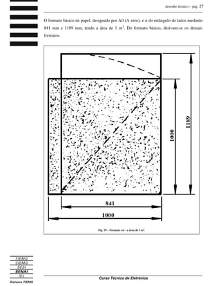 desenho técnico – pág. 27
_______________________________________________________________________________
_______________________________________________________________________________
Curso Técnico de Eletrônica
O formato básico de papel, designado por A0 (A zero), e o do retângulo de lados medindo
841 mm e 1189 mm, tendo a área de 1 m2
. Do formato básico, derivam-se os demais
formatos.
Fig. 29 – Formato A4 - a área de 1 m2
.
 