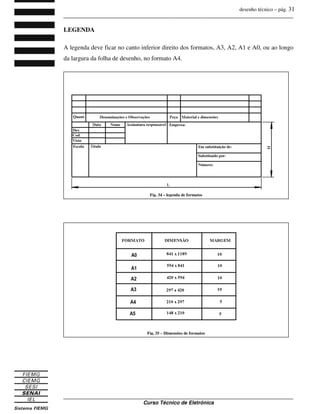 desenho técnico – pág. 31
_______________________________________________________________________________
_______________________________________________________________________________
Curso Técnico de Eletrônica
LEGENDA
A legenda deve ficar no canto inferior direito dos formatos, A3, A2, A1 e A0, ou ao longo
da largura da folha de desenho, no formato A4.
Fig. 34 – legenda de formatos
Fig. 35 – Dimensões de formatos
 