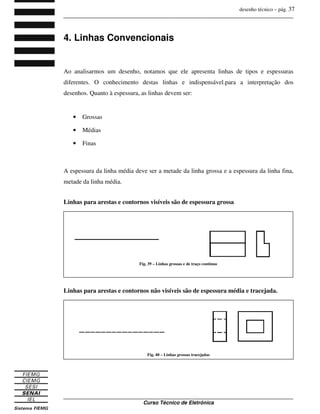 desenho técnico – pág. 37
_______________________________________________________________________________
_______________________________________________________________________________
Curso Técnico de Eletrônica
4. Linhas Convencionais
Ao analisarmos um desenho, notamos que ele apresenta linhas de tipos e espessuras
diferentes. O conhecimento destas linhas e indispensável.para a interpretação dos
desenhos. Quanto à espessura, as linhas devem ser:
• Grossas
• Médias
• Finas
A espessura da linha média deve ser a metade da linha grossa e a espessura da linha fina,
metade da linha média.
Linhas para arestas e contornos visíveis são de espessura grossa
Linhas para arestas e contornos não visíveis são de espessura média e tracejada.
Fig. 39 – Linhas grossas e de traço contínuo
Fig. 40 – Linhas grossas tracejadas
 