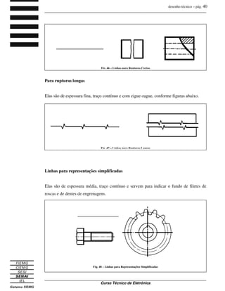 desenho técnico – pág. 40
_______________________________________________________________________________
_______________________________________________________________________________
Curso Técnico de Eletrônica
Para rupturas longas
Elas são de espessura fina, traço contínuo e com zigue-zague, conforme figuras abaixo.
Linhas para representações simplificadas
Elas são de espessura média, traço contínuo e servem para indicar o fundo de filetes de
roscas e de dentes de engrenagens.
Fig. 46 – Linhas para Rupturas Curtas
Fig. 47 – Linhas para Rupturas Longas
Fig. 48 – Linhas para Representações Simplificadas
 