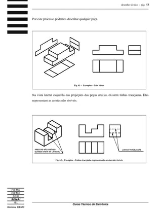 desenho técnico – pág. 48
_______________________________________________________________________________
_______________________________________________________________________________
Curso Técnico de Eletrônica
Por este processo podemos desenhar qualquer peça.
Na vista lateral esquerda das projeções das peças abaixo, existem linhas tracejadas. Elas
representam as arestas não visíveis.
Fig. 61 – Exemplos – Três Vistas
Fig. 62 – Exemplos – Linhas tracejadas representando arestas não visíveis
 