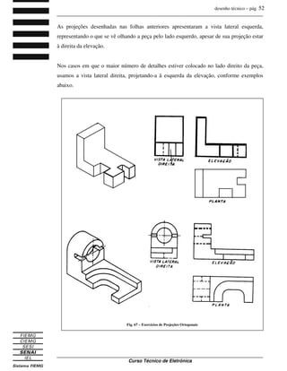 desenho técnico – pág. 52
_______________________________________________________________________________
_______________________________________________________________________________
Curso Técnico de Eletrônica
As projeções desenhadas nas folhas anteriores apresentaram a vista lateral esquerda,
representando o que se vê olhando a peça pelo lado esquerdo, apesar de sua projeção estar
à direita da elevação.
Nos casos em que o maior número de detalhes estiver colocado no lado direito da peça,
usamos a vista lateral direita, projetando-a ã esquerda da elevação, conforme exemplos
abaixo.
Fig. 67 – Exercícios de Projeções Ortogonais
 