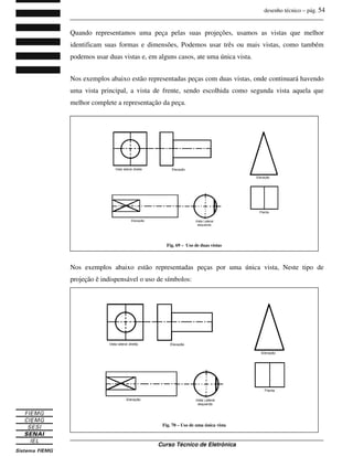 desenho técnico – pág. 54
_______________________________________________________________________________
_______________________________________________________________________________
Curso Técnico de Eletrônica
Quando representamos uma peça pelas suas projeções, usamos as vistas que melhor
identificam suas formas e dimensões, Podemos usar três ou mais vistas, como também
podemos usar duas vistas e, em alguns casos, ate uma única vista.
Nos exemplos abaixo estão representadas peças com duas vistas, onde continuará havendo
uma vista principal, a vista de frente, sendo escolhida como segunda vista aquela que
melhor complete a representação da peça.
Nos exemplos abaixo estão representadas peças por uma única vista, Neste tipo de
projeção ê indispensável o uso de símbolos:
Fig. 69 – Uso de duas vistas
Fig. 70 – Uso de uma única vista
 