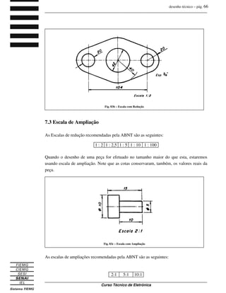 desenho técnico – pág. 66
_______________________________________________________________________________
_______________________________________________________________________________
Curso Técnico de Eletrônica
7.3 Escala de Ampliação
As Escalas de redução recomendadas pela ABNT são as seguintes:
1 : 2 1 : 2,5 1 : 5 1 : 10 1 : 100
Quando o desenho de uma peça for efetuado no tamanho maior do que esta, estaremos
usando escala de ampliação. Note que as cotas conservaram, também, os valores reais da
peça.
As escalas de ampliações recomendadas pela ABNT são as seguintes:
2:1 5:1 10:1
Fig. 83b – Escala com Redução
Fig. 83c – Escala com Ampliação
 