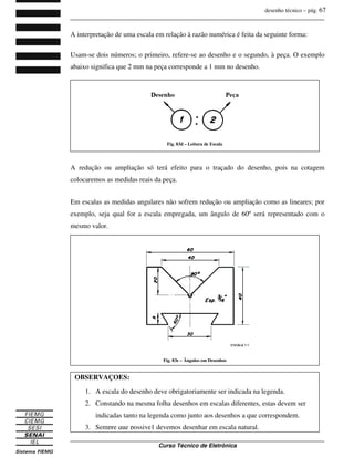 desenho técnico – pág. 67
_______________________________________________________________________________
_______________________________________________________________________________
Curso Técnico de Eletrônica
A interpretação de uma escala em relação à razão numérica é feita da seguinte forma:
Usam-se dois números; o primeiro, refere-se ao desenho e o segundo, à peça. O exemplo
abaixo significa que 2 mm na peça corresponde a 1 mm no desenho.
A redução ou ampliação só terá efeito para o traçado do desenho, pois na cotagem
colocaremos as medidas reais da peça.
Em escalas as medidas angulares não sofrem redução ou ampliação como as lineares; por
exemplo, seja qual for a escala empregada, um ângulo de 60º será representado com o
mesmo valor.
Fig. 83d – Leitura de Escala
Fig. 83e – Ângulos em Desenhos
OBSERVAÇÕES:
1. A escala do desenho deve obrigatoriamente ser indicada na legenda.
2. Constando na mesma folha desenhos em escalas diferentes, estas devem ser
indicadas tanto na legenda como junto aos desenhos a que correspondem.
3. Sempre que possive1 devemos desenhar em escala natural.
 
