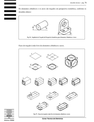 desenho técnico – pág. 76
_______________________________________________________________________________
_______________________________________________________________________________
Curso Técnico de Eletrônica
Os elementos cilíndricos e os arcos são traçados em perspectiva isométrica, conforme os
desenhos abaixo:
Fases do traçado à mão livre de elementos cilíndricos e arcos.
Fig. 96 – Seqüência de Traçado da Perspectiva Isométrica para Elementos Cilíndricos e Arcos
Fig. 97 – Fases do traçado à mão livre de elementos cilíndricos e arcos
 