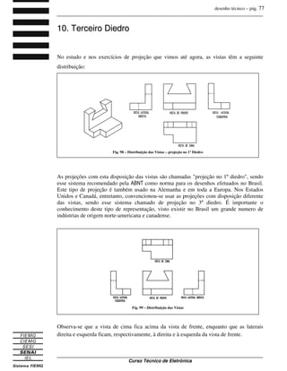 desenho técnico – pág. 77
_______________________________________________________________________________
_______________________________________________________________________________
Curso Técnico de Eletrônica
1
10
0.
. T
Te
er
rc
ce
ei
ir
ro
o D
Di
ie
ed
dr
ro
o
No estudo e nos exercícios de projeção que vimos até agora, as vistas têm a seguinte
distribuição:
As projeções com esta disposição das vistas são chamadas "projeção no 1º diedro", sendo
esse sistema recomendado pela como norma para os desenhos efetuados no Brasil.
Este tipo de projeção é também usado na Alemanha e em toda a Europa. Nos Estados
Unidos e Canadá, entretanto, convencionou-se usar as projeções com disposição diferente
das vistas, sendo esse sistema chamado de projeção no 3º diedro. É importante o
conhecimento deste tipo de representação, visto existir no Brasil um grande numero de
indústrias de origem norte-americana e canadense.
Observa-se que a vista de cima fica acima da vista de frente, enquanto que as laterais
direita e esquerda ficam, respectivamente, à direita e à esquerda da vista de frente.
Fig. 98 – Distribuição das Vistas – projeção no 1ºDiedro
Fig. 99 – Distribuição das Vistas
 