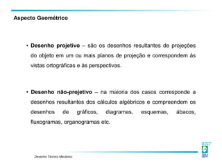 Desenho Técnico Mecânico
Aspecto Geométrico
• Desenho projetivo – são os desenhos resultantes de projeções
do objeto em um ou mais planos de projeção e correspondem às
vistas ortográficas e às perspectivas.
• Desenho não-projetivo – na maioria dos casos corresponde a
desenhos resultantes dos cálculos algébricos e compreendem os
desenhos de gráficos, diagramas, esquemas, ábacos,
fluxogramas, organogramas etc.
 