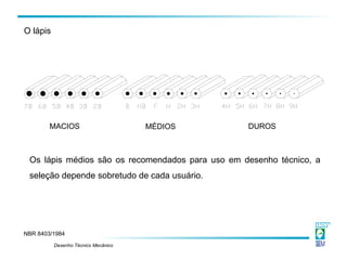 Desenho Técnico Mecânico
NBR 8403/1984
O lápis
Os lápis médios são os recomendados para uso em desenho técnico, a
seleção depende sobretudo de cada usuário.
MACIOS MÉDIOS DUROS
 