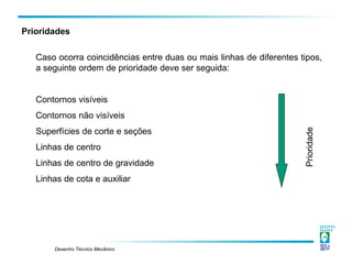 Desenho Técnico Mecânico
Prioridades
Caso ocorra coincidências entre duas ou mais linhas de diferentes tipos,
a seguinte ordem de prioridade deve ser seguida:
Contornos visíveis
Contornos não visíveis
Superfícies de corte e seções
Linhas de centro
Linhas de centro de gravidade
Linhas de cota e auxiliar
Prioridade
 