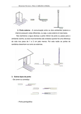 DESENHO TÉCNICO - PROF. CARLOS J. ENGEL 12
2. Porta externa - A comunicação entre os dois ambientes (externo e
interno) possuem cotas diferentes, ou seja, o piso externo é mais baixo.
Nos banheiros a água alcança a parte inferior da porta ou passa para o
ambiente vizinho; os dois inconvenientes são evitados quando há uma diferença
de cota nos pisos de 1 a 2 cm pelo menos. Por esta razão as portas de
sanitários desenham se como as externas.
3. Outros tipos de porta:
- De correr ou corrediça
- Porta pantográfica
 