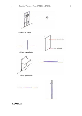 DESENHO TÉCNICO - PROF. CARLOS J. ENGEL 13
- Porta pivotante
- Porta basculante
- Porta de enrolar
III. JANELAS
 