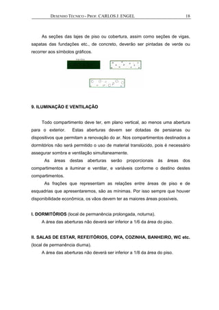 DESENHO TÉCNICO - PROF. CARLOS J. ENGEL 18
As seções das lajes de piso ou cobertura, assim como seções de vigas,
sapatas das fundações etc., de concreto, deverão ser pintadas de verde ou
recorrer aos símbolos gráficos.
9. ILUMINAÇÃO E VENTILAÇÃO
Todo compartimento deve ter, em plano vertical, ao menos uma abertura
para o exterior. Estas aberturas devem ser dotadas de persianas ou
dispositivos que permitam a renovação do ar. Nos compartimentos destinados a
dormitórios não será permitido o uso de material translúcido, pois é necessário
assegurar sombra e ventilação simultaneamente.
As áreas destas aberturas serão proporcionais às áreas dos
compartimentos a iluminar e ventilar, e variáveis conforme o destino destes
compartimentos.
As frações que representam as relações entre áreas de piso e de
esquadrias que apresentaremos, são as mínimas. Por isso sempre que houver
disponibilidade econômica, os vãos devem ter as maiores áreas possíveis.
I. DORMITÓRIOS (local de permanência prolongada, noturna).
A área das aberturas não deverá ser inferior a 1/6 da área do piso.
II. SALAS DE ESTAR, REFEITÓRIOS, COPA, COZINHA, BANHEIRO, WC etc.
(local de permanência diurna).
A área das aberturas não deverá ser inferior a 1/8 da área do piso.
 