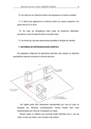 DESENHO TÉCNICO - PROF. CARLOS J. ENGEL 8
10. As cotas de um desenho devem ser expressas na mesma unidade.
11. A altura dos algarismos é uniforme dentro do mesmo desenho. Em
geral usa-se 2.5 a 3mm.
12. No caso de divergência entre cotas de desenhos diferentes,
prevalece a cota do desenho feito na escala maior.
13. As linhas de cota são desenhadas paralelas à direção de medida.
7. SISTEMAS DE REPRESENTAÇÃO GRÁFICA
As projeções ortogonais da geometria descritiva são usadas no desenho
arquitetônico apenas mudando os termos técnicos.
Um objeto pode ficar claramente representado por uma só vista ou
projeção (ex. lâmpada incandescente). Outros ficarão bem mais
representados por meio de 3 projeções ou vistas.
Haverá casas ou objetos que somente serão definidos com o uso de
maior numero de vistas, como mostra a fig. abaixo.
 