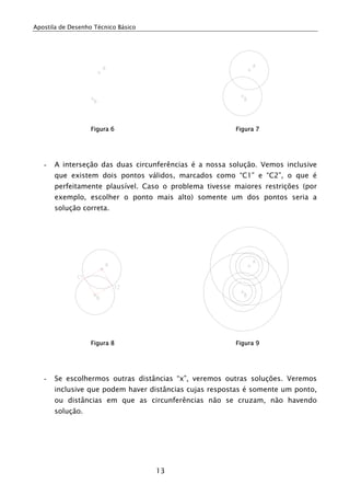 Apostila de Desenho Técnico Básico
13
Figura 6 Figura 7
- A interseção das duas circunferências é a nossa solução. Vemos inclusive
que existem dois pontos válidos, marcados como “C1” e “C2”, o que é
perfeitamente plausível. Caso o problema tivesse maiores restrições (por
exemplo, escolher o ponto mais alto) somente um dos pontos seria a
solução correta.
Figura 8 Figura 9
- Se escolhermos outras distâncias “x”, veremos outras soluções. Veremos
inclusive que podem haver distâncias cujas respostas é somente um ponto,
ou distâncias em que as circunferências não se cruzam, não havendo
solução.
 