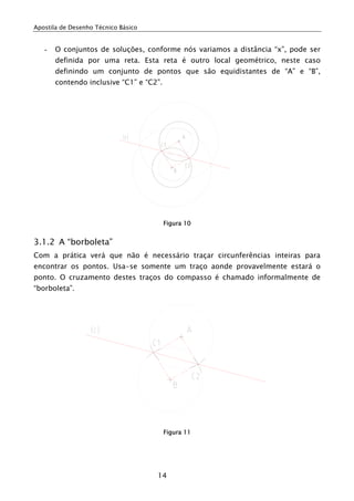 Apostila de Desenho Técnico Básico
14
- O conjuntos de soluções, conforme nós variamos a distância “x”, pode ser
definida por uma reta. Esta reta é outro local geométrico, neste caso
definindo um conjunto de pontos que são equidistantes de “A” e “B”,
contendo inclusive “C1” e “C2”.
Figura 10
3.1.2 A “borboleta”
Com a prática verá que não é necessário traçar circunferências inteiras para
encontrar os pontos. Usa-se somente um traço aonde provavelmente estará o
ponto. O cruzamento destes traços do compasso é chamado informalmente de
“borboleta”.
Figura 11
 