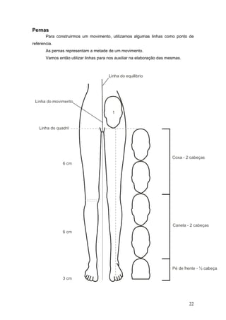 Pernas
Para construirmos um movimento, utilizamos algumas linhas como ponto de
referencia.
As pernas representam a metade de um movimento.
Vamos então utilizar linhas para nos auxiliar na elaboração das mesmas.
22
 