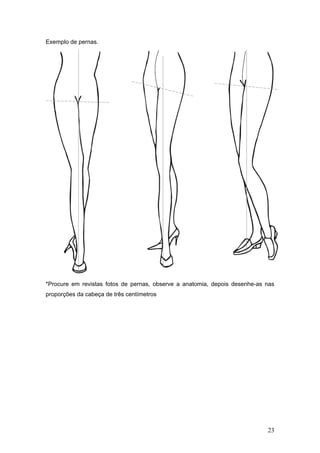 Exemplo de pernas.
*Procure em revistas fotos de pernas, observe a anatomia, depois desenhe-as nas
proporções da cabeça de três centímetros
23
 