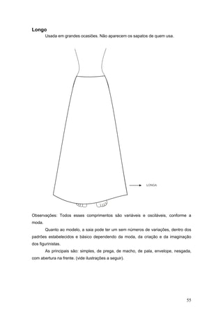 Longo
Usada em grandes ocasiões. Não aparecem os sapatos de quem usa.
Observações: Todos esses comprimentos são variáveis e osciláveis, conforme a
moda.
Quanto ao modelo, a saia pode ter um sem números de variações, dentro dos
padrões estabelecidos e básico dependendo da moda, da criação e da imaginação
dos figurinistas.
As principais são: simples, de prega, de macho, de pala, envelope, nesgada,
com abertura na frente. (vide ilustrações a seguir).
55
 