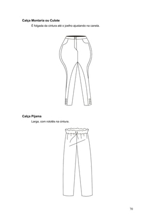Calça Montaria ou Culote
É folgada da cintura até o joelho ajustando na canela.
Calça Pijama
Larga, com rolotês na cintura.
70
 