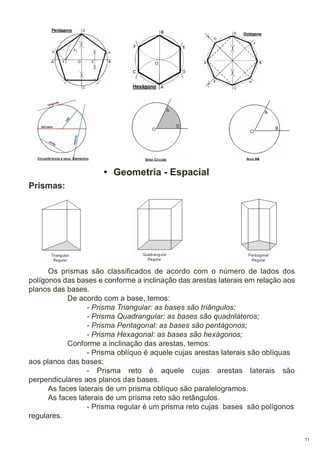 • Geometria - Espacial
Prismas:

Os prismas são classificados de acordo com o número de lados dos
polígonos das bases e conforme a inclinação das arestas laterais em relação aos
planos das bases.
De acordo com a base, temos:
- Prisma Triangular: as bases são triângulos;
- Prisma Quadrangular: as bases são quadriláteros;
- Prisma Pentagonal: as bases são pentágonos;
- Prisma Hexagonal: as bases são hexágonos;
Conforme a inclinação das arestas, temos:
- Prisma oblíquo é aquele cujas arestas laterais são oblíquas
aos planos das bases;
- Prisma reto é aquele cujas arestas laterais são
perpendiculares aos planos das bases.
As faces laterais de um prisma oblíquo são paralelogramos.
As faces laterais de um prisma reto são retângulos.
- Prisma regular é um prisma reto cujas bases são polígonos
regulares.
11

 