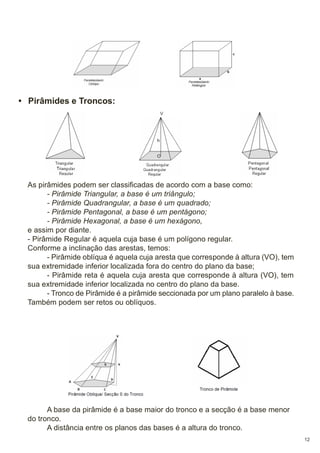 • Pirâmides e Troncos:

As pirâmides podem ser classificadas de acordo com a base como:
- Pirâmide Triangular, a base é um triângulo;
- Pirâmide Quadrangular, a base é um quadrado;
- Pirâmide Pentagonal, a base é um pentágono;
- Pirâmide Hexagonal, a base é um hexágono,
e assim por diante.
- Pirâmide Regular é aquela cuja base é um polígono regular.
Conforme a inclinação das arestas, temos:
- Pirâmide oblíqua é aquela cuja aresta que corresponde à altura (VO), tem
sua extremidade inferior localizada fora do centro do plano da base;
- Pirâmide reta é aquela cuja aresta que corresponde à altura (VO), tem
sua extremidade inferior localizada no centro do plano da base.
- Tronco de Pirâmide é a pirâmide seccionada por um plano paralelo à base.
Também podem ser retos ou oblíquos.

A base da pirâmide é a base maior do tronco e a secção é a base menor
do tronco.
A distância entre os planos das bases é a altura do tronco.
12

 