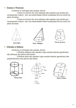 • Cones e Troncos:
Conforme a inclinação das arestas, temos:
- Cones ou troncos de cone oblíquos são aqueles cuja aresta que
corresponde à altura , tem sua extremidade inferior localizada fora do centro do
plano da base ;
- Cones ou troncos de cone oblíquos são aqueles cuja aresta que
corresponde à altura , tem sua extremidade inferior localizada fora do centro do
plano da base ;

• Cilindro e Esfera:
Conforme a inclinação das arestas, temos:
- Cilindros oblíquos são aqueles cujas arestas laterais (geratrizes)
são oblíquas aos planos das bases;
- Cilindros retos são aqueles cujas arestas laterais (geratrizes) são
perpendiculares aos planos das bases

13

 