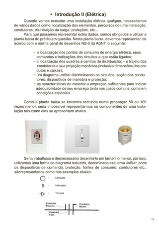• Introdução II (Elétrica)
Quando vamos executar uma instalação elétrica qualquer, necessitamos
de vários dados como: localização dos elementos, percursos de uma instalação,
condutores, distribuição da carga, proteções, etc...
Para que possamos representar estes dados, somos obrigados a utilizar a
planta baixa do prédio em questão. Nesta planta baixa, devemos representar, de
acordo com a norma geral de desenhos NB-8 da ABNT, o seguinte:
− a localização dos pontos de consumo de energia elétrica, seus
comandos e indicações dos circuitos a que estão ligados;
− a localização dos quadros e centros de distribuição; − o trajeto dos
condutores e sua projeção mecânica (inclusive dimensões dos con
dutos e caixas);
− um diagrama unifilar discriminando os circuitos, seção dos condu
tores, dispositivos de manobra e proteção;
− as características do material a empregar, suficientes para indicar
adequabilidade de seu emprego tanto nos casos comuns, como em
condições especiais.
Como a planta baixa se encontra reduzida numa proporçao 50 ou 100
vezes menor, seria impossível representarmos os componentes de uma instalação tais como eles se apresentam abaixo.

Seria trabalhoso e desnecessário desenhá-lo em tamanho menor, por isso,
utilizamos uma forma de diagrama reduzido, denominado esquema unifilar, onde
os dispositivos de comando, proteção, fontes de consumo, condutores etc.,
sãorepresentados como nos exemplos abaixo:

14

 