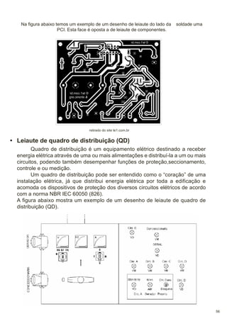 Na figura abaixo temos um exemplo de um desenho de leiaute do lado da
PCI. Esta face é oposta a de leiaute de componentes.

soldade uma

retirado do site te1.com.br

• Leiaute de quadro de distribuição (QD)
Quadro de distribuição é um equipamento elétrico destinado a receber
energia elétrica através de uma ou mais alimentações e distribuí-la a um ou mais
circuitos, podendo também desempenhar funções de proteção,seccionamento,
controle e ou medição.
Um quadro de distribuição pode ser entendido como o “coração” de uma
instalação elétrica, já que distribui energia elétrica por toda a edificação e
acomoda os dispositivos de proteção dos diversos circuitos elétricos de acordo
com a norma NBR IEC 60050 (826).
A figura abaixo mostra um exemplo de um desenho de leiaute de quadro de
distribuição (QD).

56

 