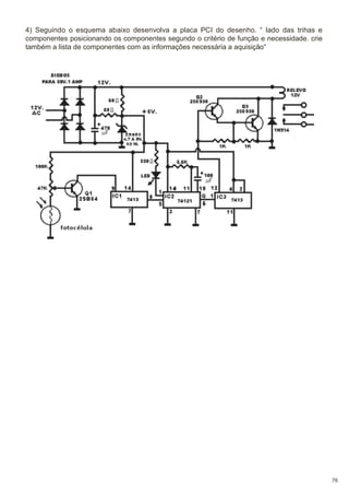 4) Seguindo o esquema abaixo desenvolva a placa PCI do desenho. “ lado das trihas e
componentes posicionando os componentes segundo o critério de função e necessidade. crie
também a lista de componentes com as informações necessária a aquisição“

76

 