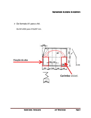 Desenho técnico – Normas gerais profª Mirian Carasek Página 11
Representação de projetos de arquitetura
 Do formato A1 para o A4.
De 841x594 para 210x297 mm.
 